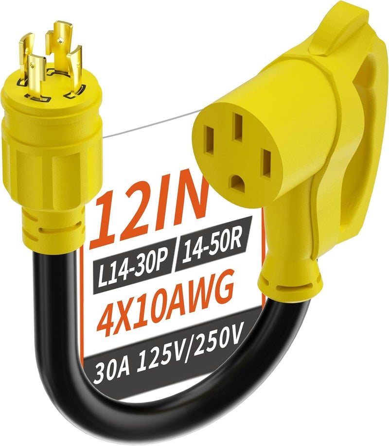 PlugSaf 4 Prong 30 Amp to 50 Amp RV Generator Adapter Cord, NEMA L14-30 Twist Lock Male Plug to NEMA 14-50 Female Plug, 12 Inch(1 FT) 10 Gauge STW Power Cord, Max 30A 125V/250V, Yellow, ETL Listed - Image 1